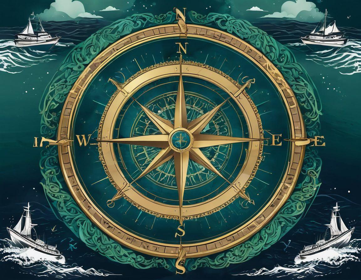 An intricately designed compass surrounded by various marine elements like boats, waves, and anchors, symbolizing the journey of navigating risks in marine insurance. Include visual representations of different insurance types like liability, hull, and cargo in an abstract style, with a dynamic ocean backdrop. The colors should be rich blues and greens with gold accents, conveying a sense of adventure and security. artistic illustration. vibrant colors. nautical theme.