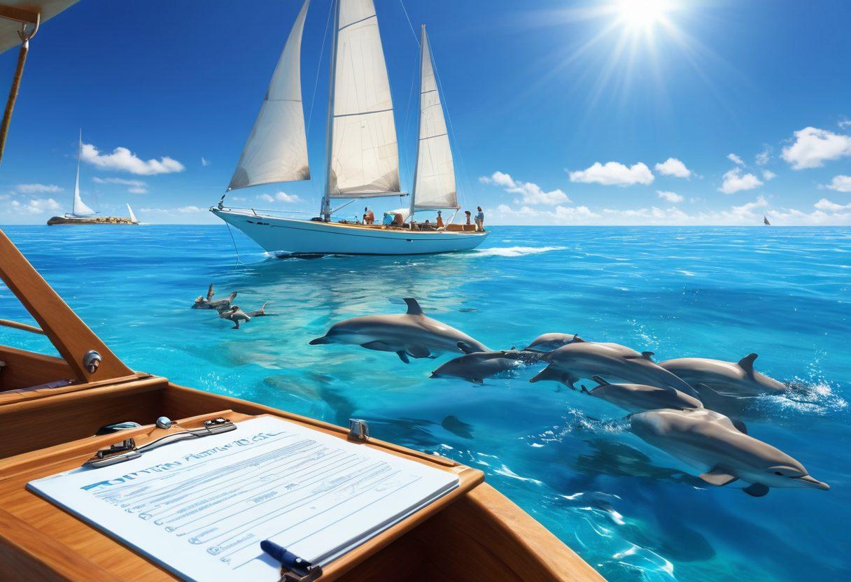 A serene seaside scene featuring a happy family sailing on a sleek sailboat under a bright blue sky. Surround the boat with friendly dolphins leaping from the water and a distant island on the horizon, symbolizing adventure and peace of mind. Include elements like a clipboard with insurance documents subtly placed on the boat. super-realistic. vibrant colors. soft focus.